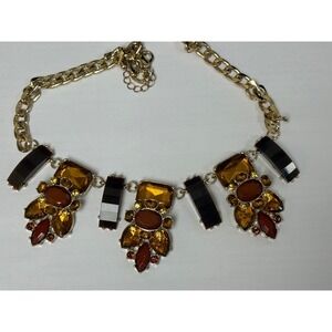 Statement Bib Necklace Chunky Gold Tone Amber Brown Gems, adjustable, art, retro